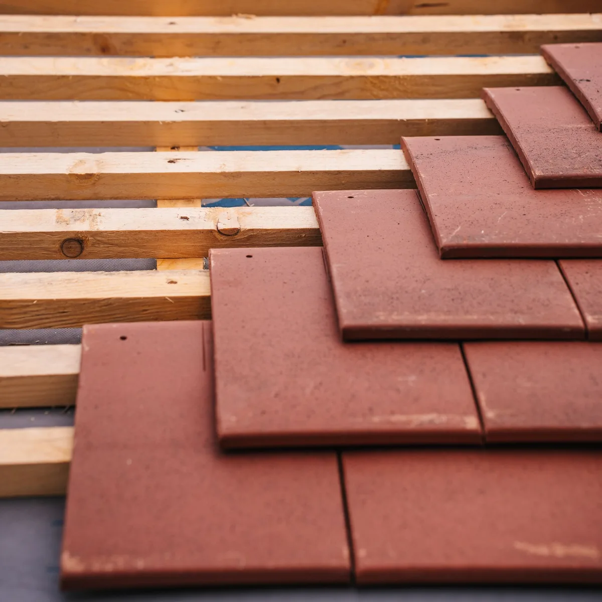 Tuiles plates posées sur liteaux et contre-liteaux, écran de sous-toiture gris visible dessous